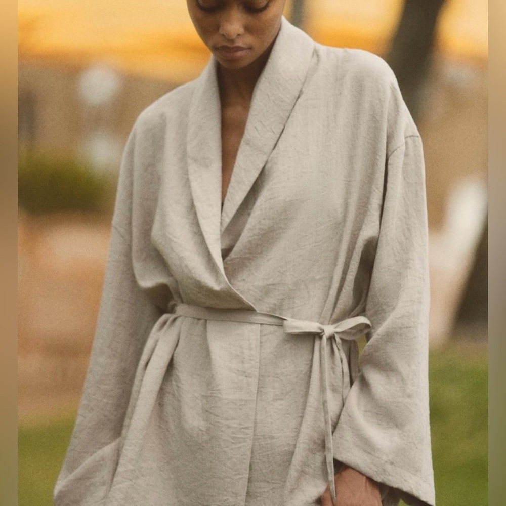 Zara Belted Textured Women's Long Sleeve Kimono Jacket In Beige/Tan Size M/L NWT